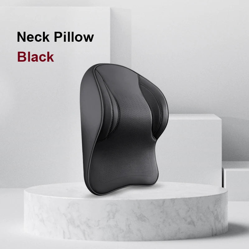 Memory Foam Car Neck Pillow & Lumbar Support Set – Breathable Seat Comfort Cushion - Delicate Leather  