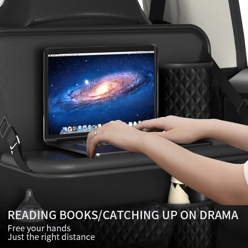 Car Back Seat Organizer with Foldable Table Tray – Multifunctional Storage with Pockets, Durable PVC Leather, Universal Fit - Delicate Leather  