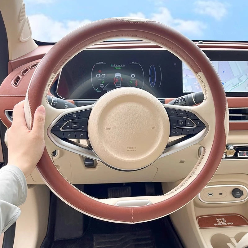 All-Season Leather Steering Wheel Cover for ORA Funky Cat – Non-Slip, Breathable Handle Cover for Interior Upgrade - Delicate Leather  