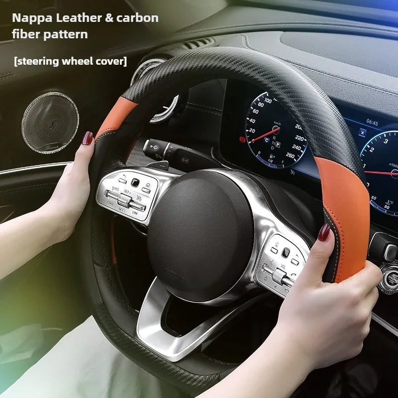 Carbon Fiber Leather Steering Wheel Cover – O/D Shape, Universal Non-Slip Car Accessory - Delicate Leather  