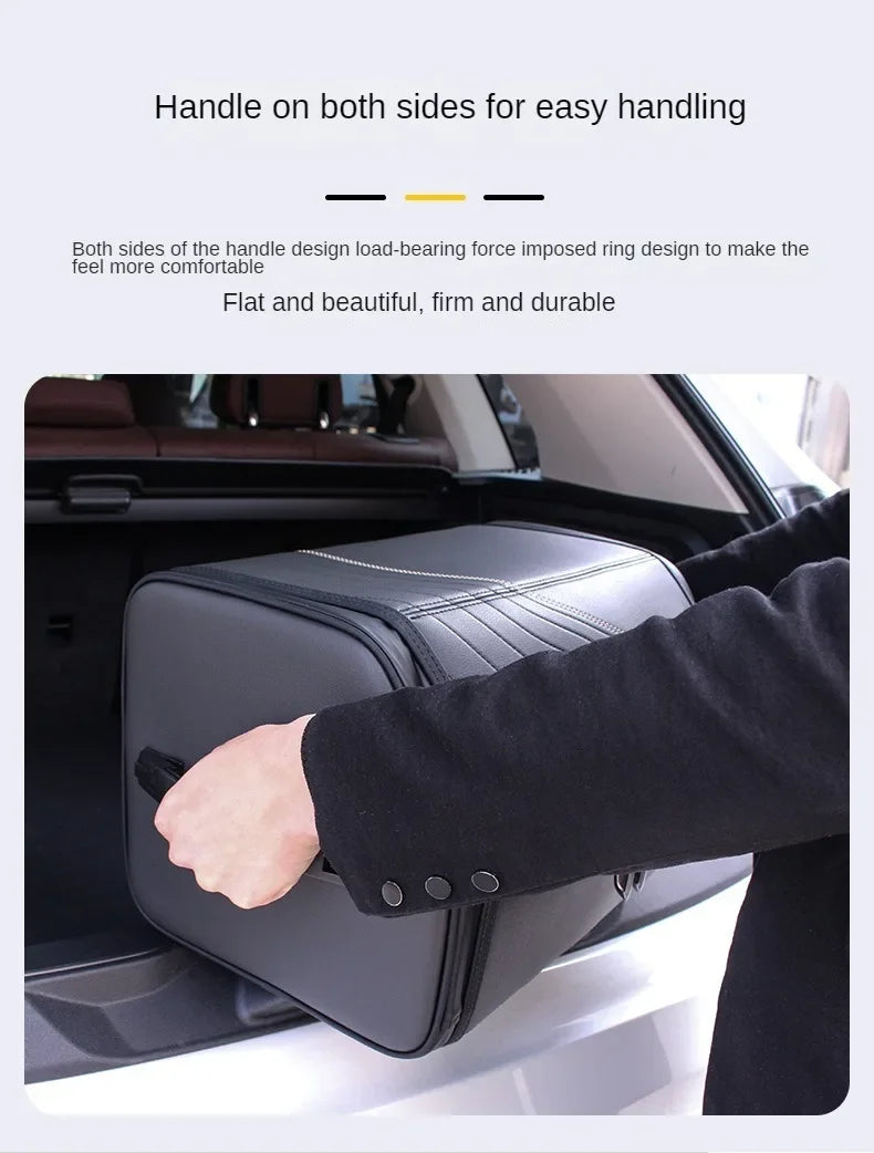 Luxury Foldable Car Trunk Organizer – PU Leather Storage Box with Lid and Sturdy Handle - Delicate Leather  
