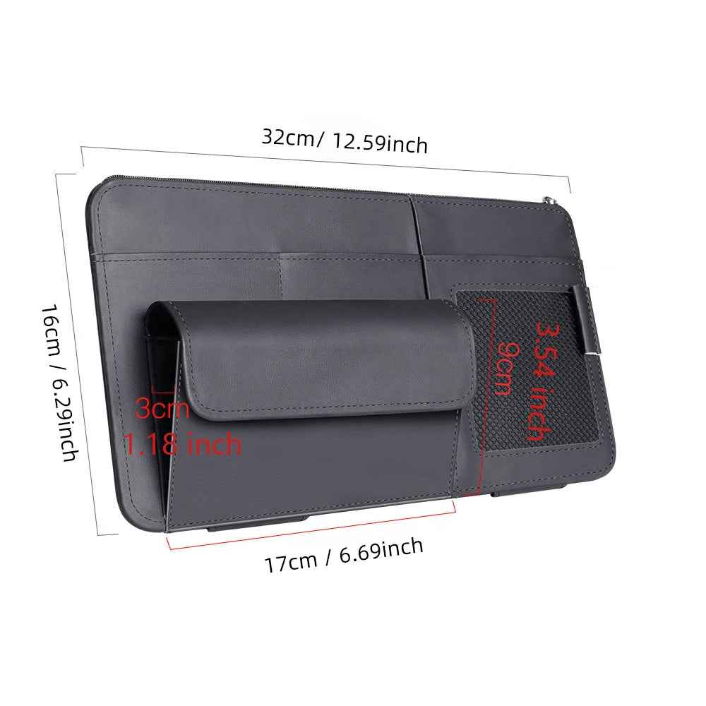Car Sun Visor Organizer – PU Leather Storage with Glasses Holder, Card & Pen Slots - Delicate Leather  