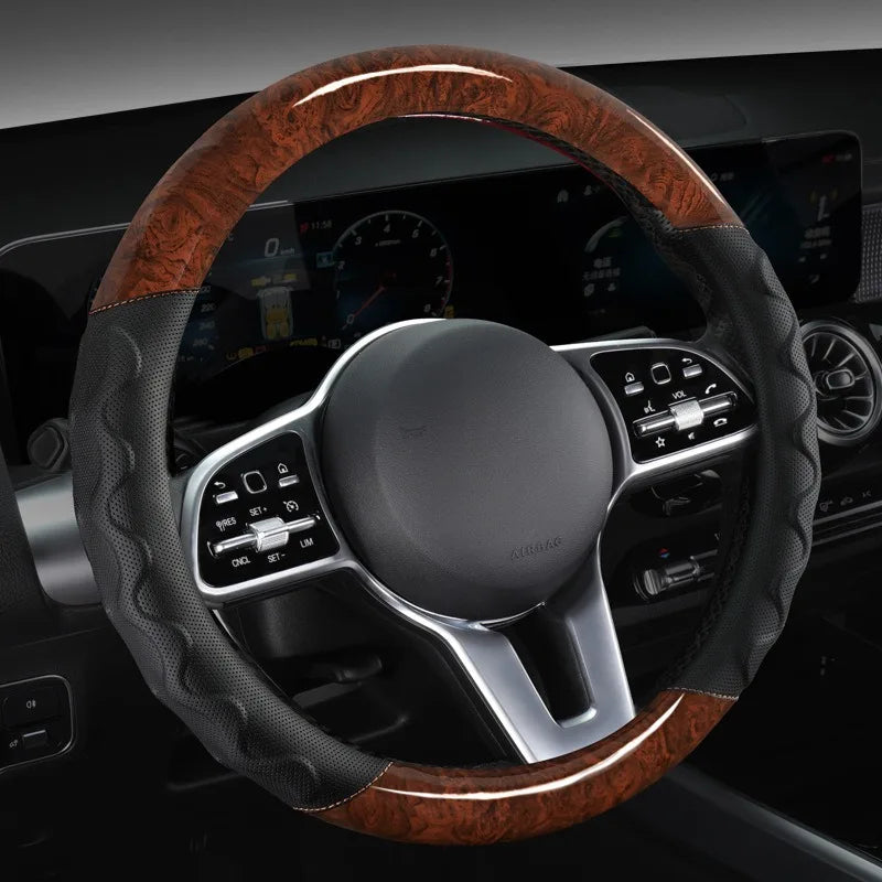 Wood Grain Steering Wheel Cover – Leather-Style Anti-Slip Universal Grip - Delicate Leather  