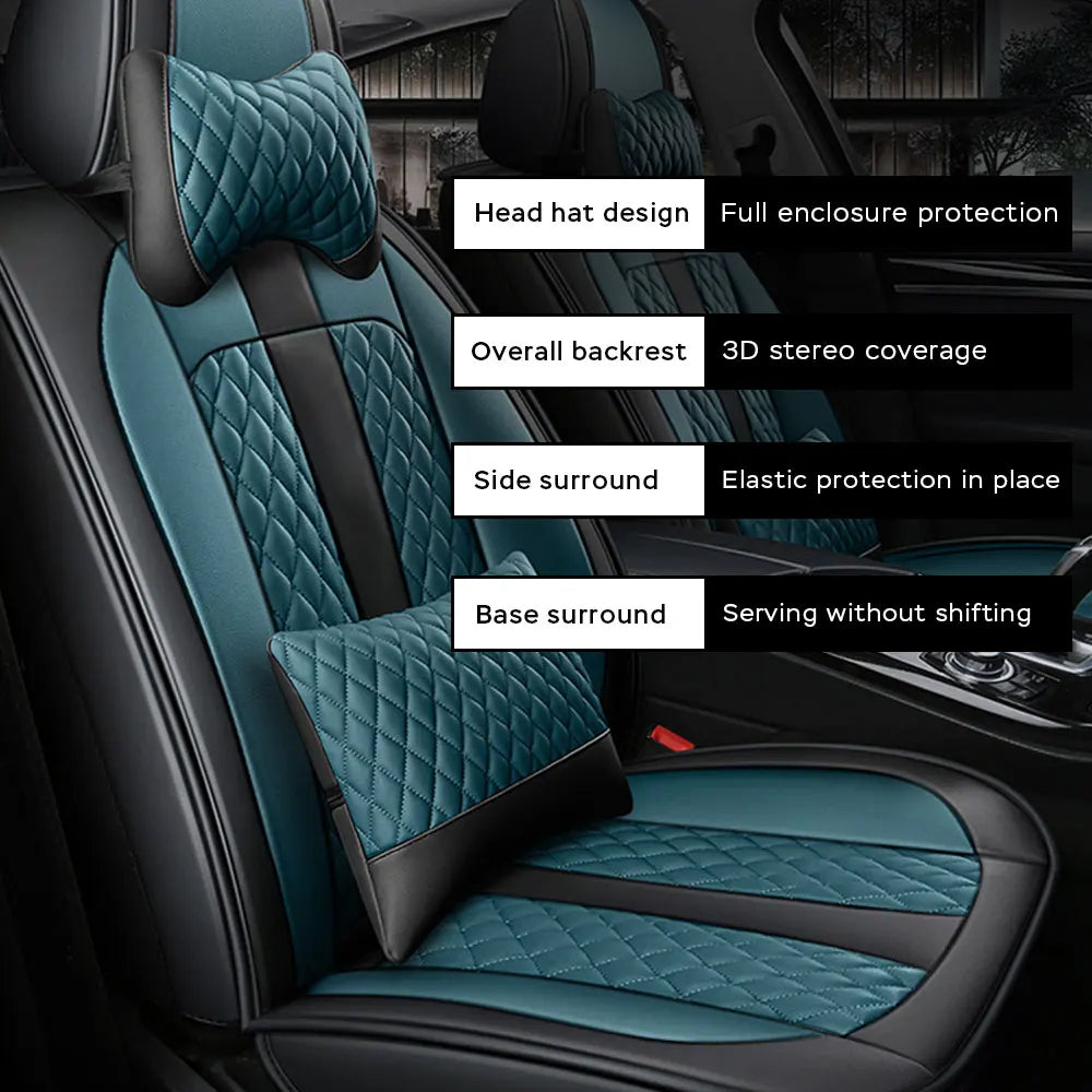 PU Leather Car Seat Covers for Front 2 Seats – Black & Blue with Headrest and Lumbar Support