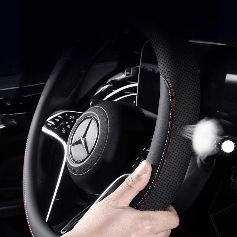 Leather Steering Wheel Cover – Anti-Slip 38cm Universal Luxury Style Interior Accessory - Delicate Leather  