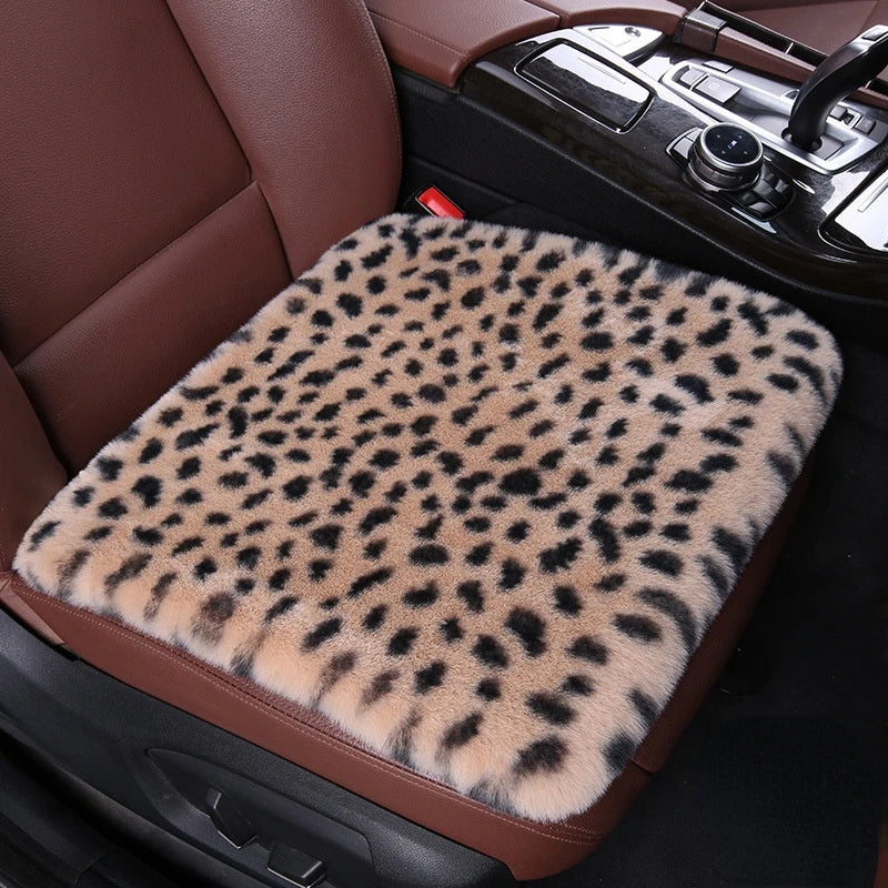 Leopard Fluffy Seat Cushion Cover – Soft Plush Car Seat Protector, Universal Fit Interior Decor for Women - Delicate Leather  