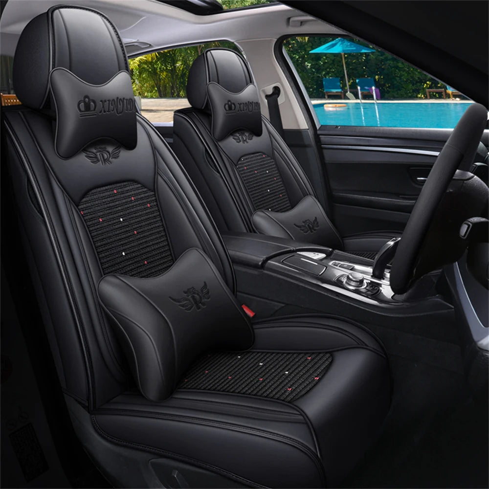 PU Leather Car Seat Covers for Five Seats – Black, Waterproof with Headrest and Lumbar Support 09