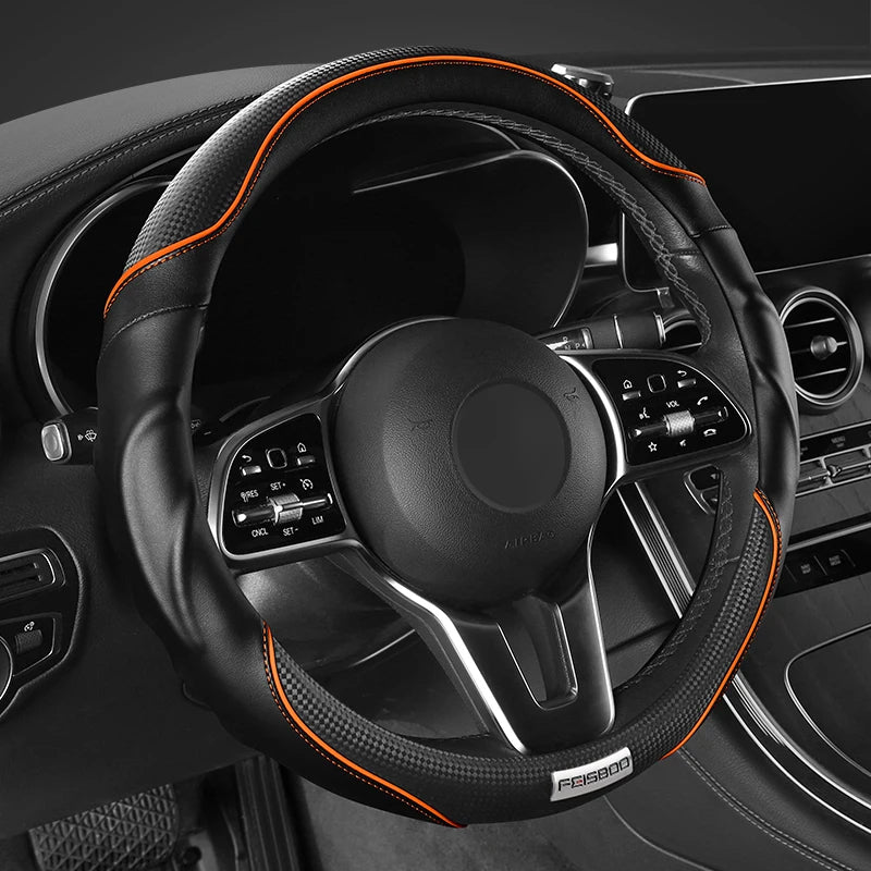 Premium 3D Sport Car Steering Wheel Cover, Anti-Slip, Shock-Absorbing, Ergonomic Grip, Dynamic Contour, Fits 14.5–15" - Delicate Leather  