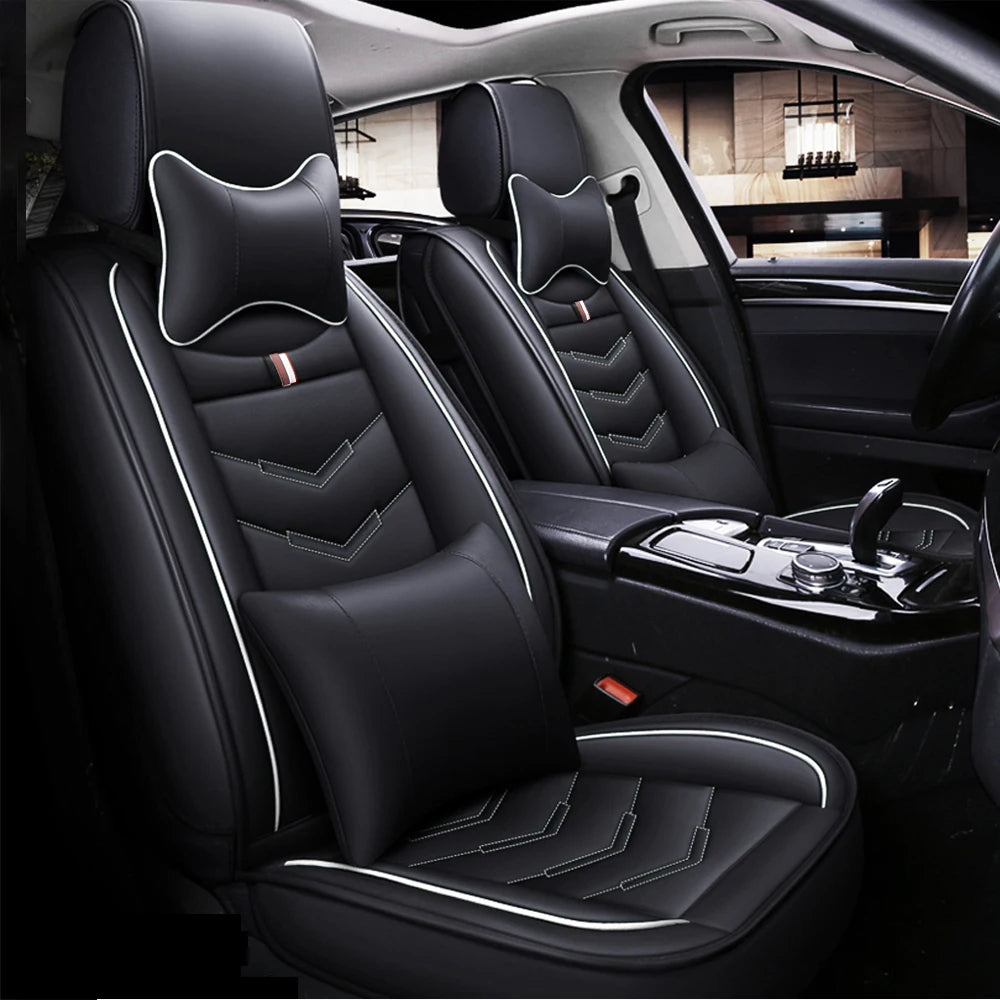 PU Leather Car Seat Covers for Front 2 Seats – Black & White, with Headrest and Lumbar Support for Hatchback & Pickup 02