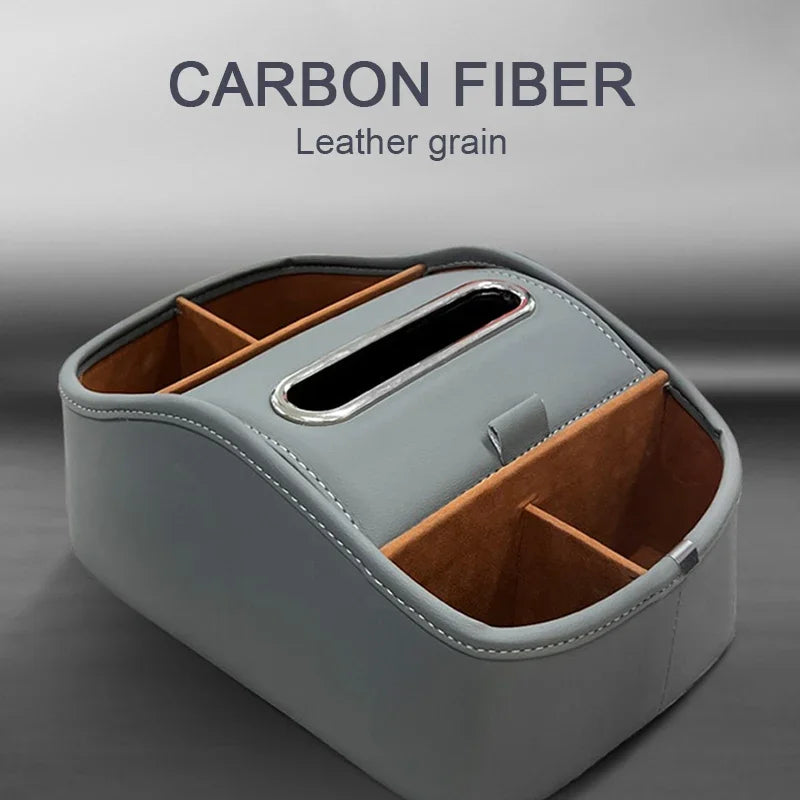 5-in-1 Car Armrest Storage Box – Center Console Extension Organizer with Tissue & Cup Holder - Delicate Leather  