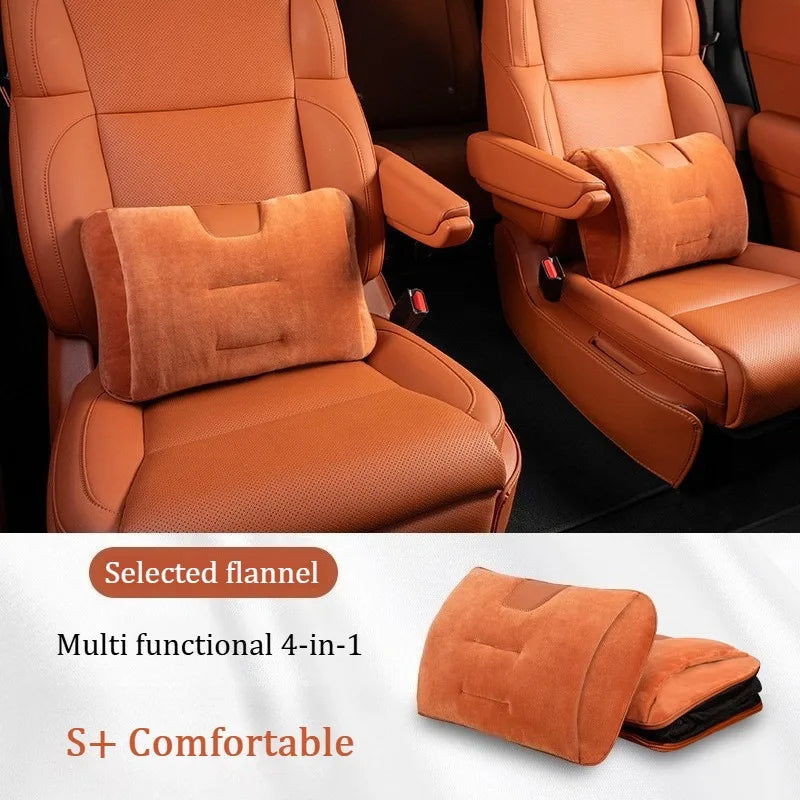 4-in-1 Plush Car Blanket Pillow – Flannel Travel Cushion, Foldable Lumbar Support and Back Pillow for Car Seats - Delicate Leather  