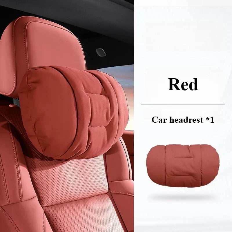 Suede Leather Car Headrest & Lumbar Support Pillow Set – Comfortable Neck and Back Cushions - Delicate Leather  