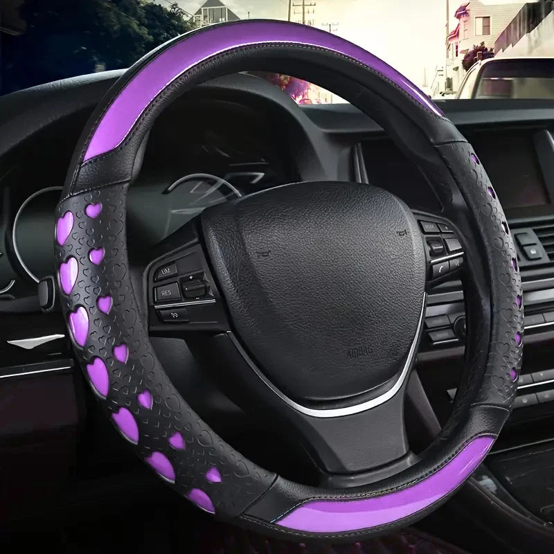 Sweet Heart Design Steering Wheel Cover – PU Leather, Anti-Slip Inner Ring, Universal Fit for Most Vehicles - Delicate Leather  