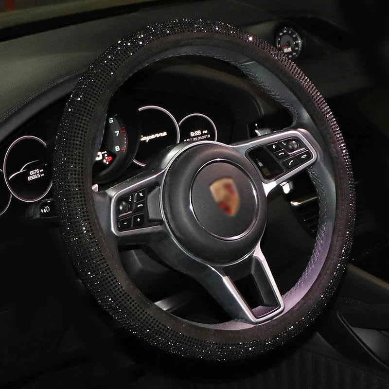 Crystal Rhinestone Steering Wheel Cover – Decorative Anti-Slip Universal Grip - Delicate Leather  