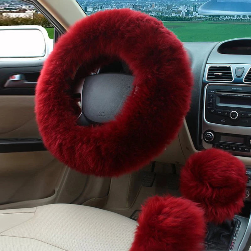 Winter Plush Steering Wheel Cover Set – Fluffy Fleece Warm Non-Slip Handle Cover, Universal Fit - Delicate Leather  