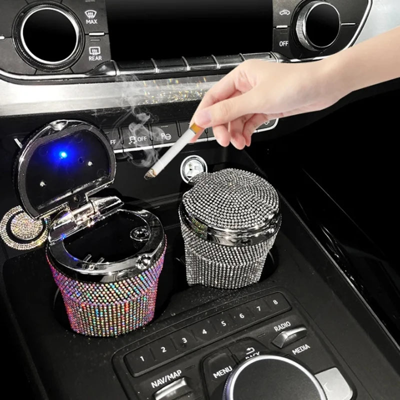 Portable Smokeless Car Ashtray with LED Light – Bling Design Auto Cup Holder Accessory - Delicate Leather  
