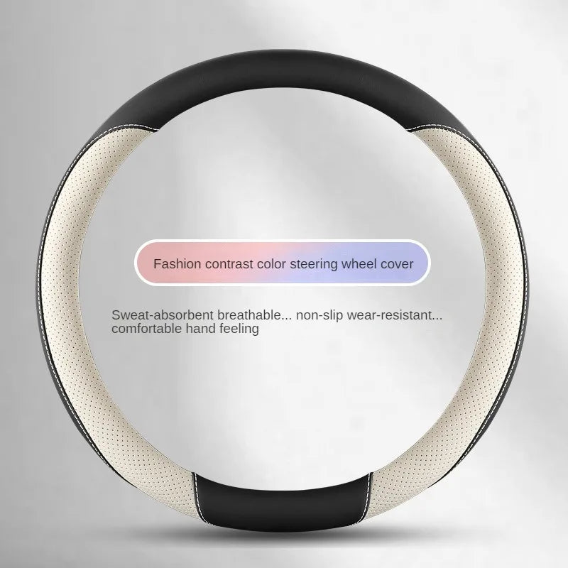 Leather Steering Wheel Cover – Simple Design, Breathable Anti-Slip Handle Cover, Universal D-Ring Fit - Delicate Leather  