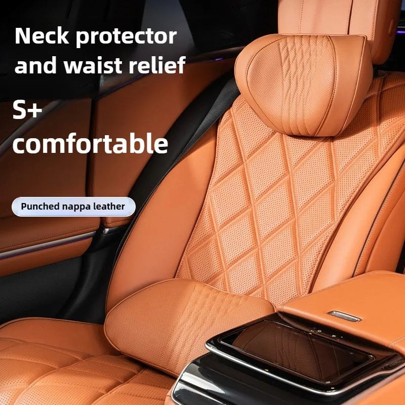 Soft Memory Foam Car Neck & Lumbar Pillow Set – Leather Headrest for Comfortable Driving - Delicate Leather  