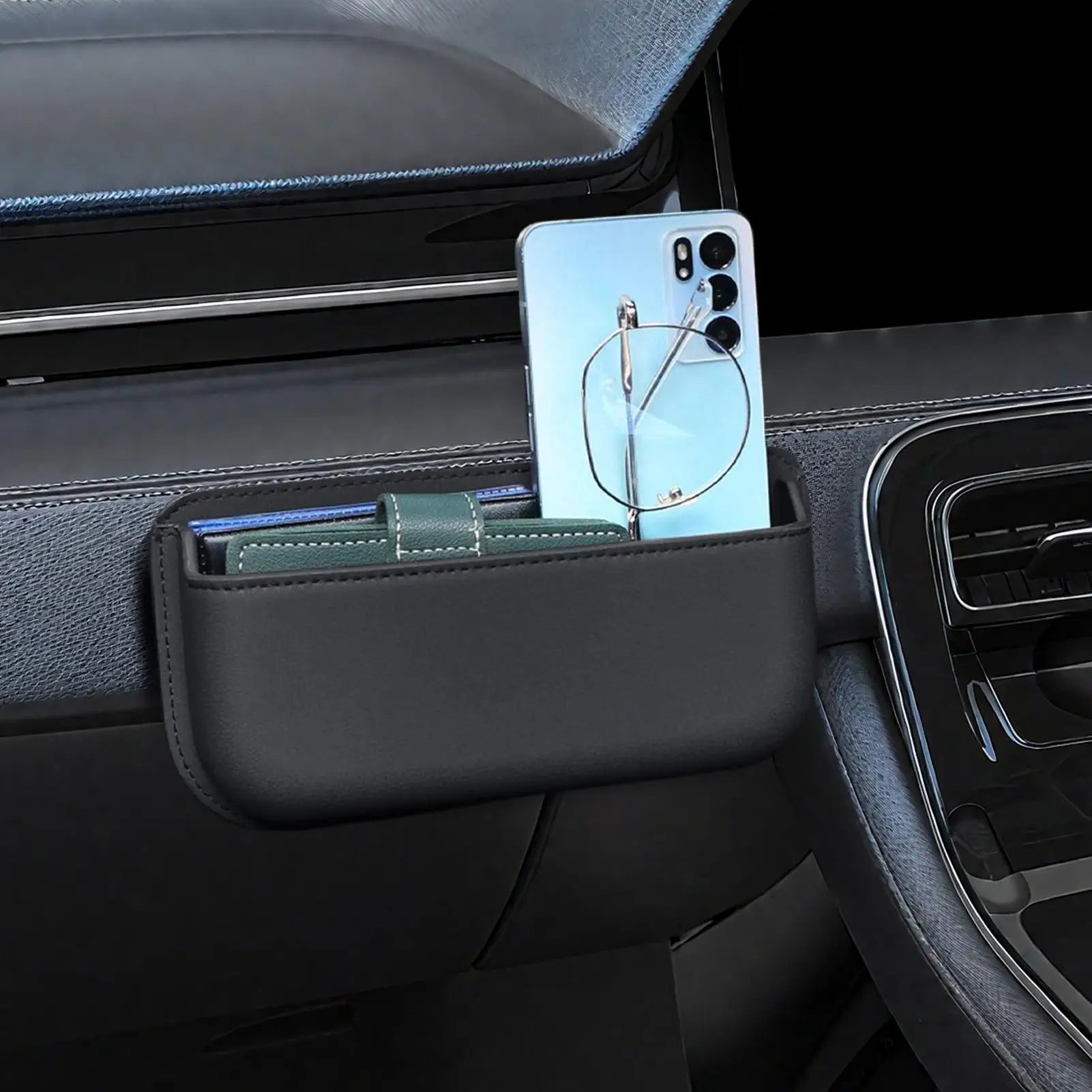 PU Leather Car Side Storage Box – Universal Self-Adhesive Seat Gap Organizer and Sunglass Holder for Vehicle Interior - Delicate Leather  