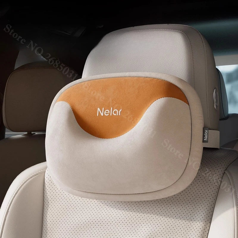 Memory Foam Car Neck Pillow and Lumbar Support – Breathable Headrest and Backrest Cushion Set - Delicate Leather  
