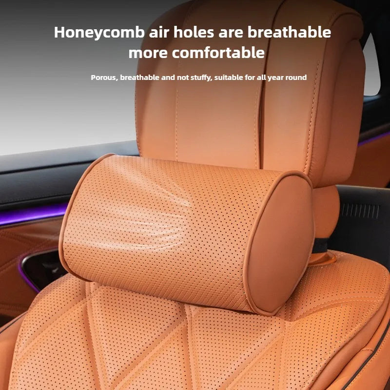 Memory Cotton Car Headrest & Lumbar Pillow Set – Leather Neck and Waist Support for Comfortable Driving - Delicate Leather  