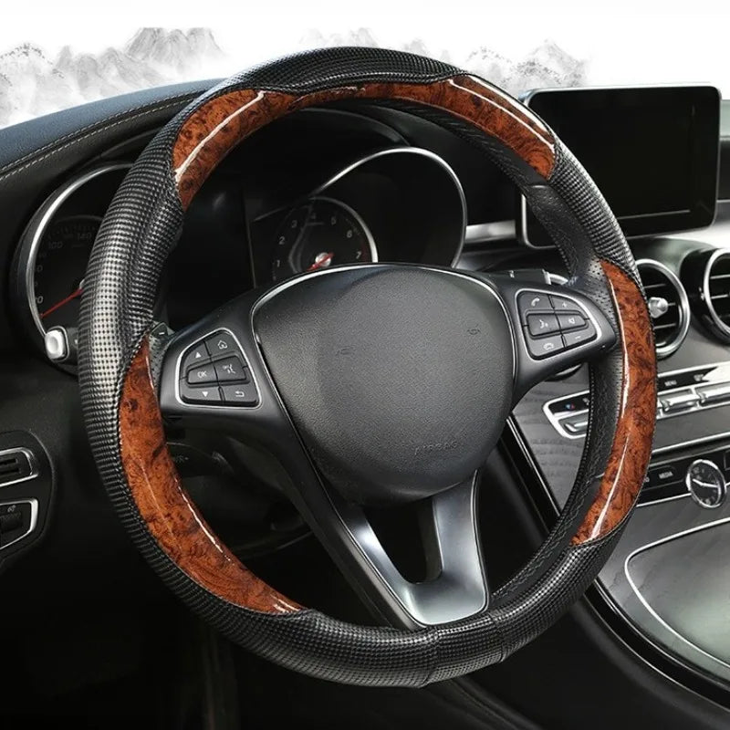 Wood Grain Leather Steering Wheel Cover – Universal 37–38CM Non-Slip O/D Shape Grip - Delicate Leather