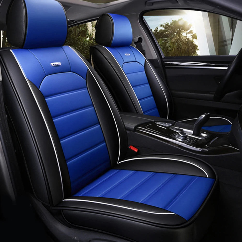 PU Leather Car Seat Covers for Front 2 Seats – Black & Blue, Waterproof, Non-Slip, and Comfortable Automotive Cushion 08