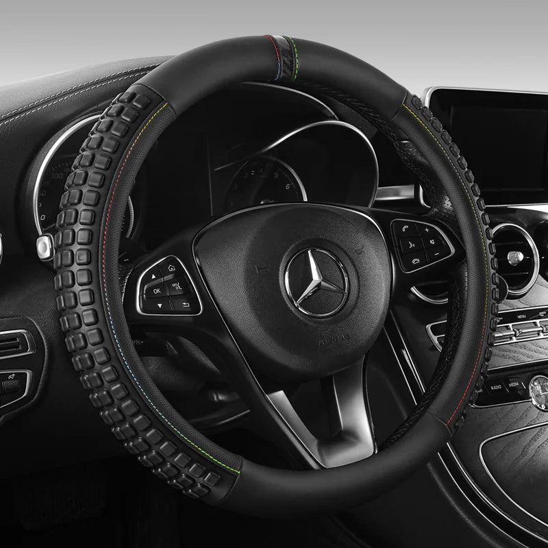 Sport Leather Steering Wheel Cover – Universal Car Handle Protector, Blue & Black - Delicate Leather  