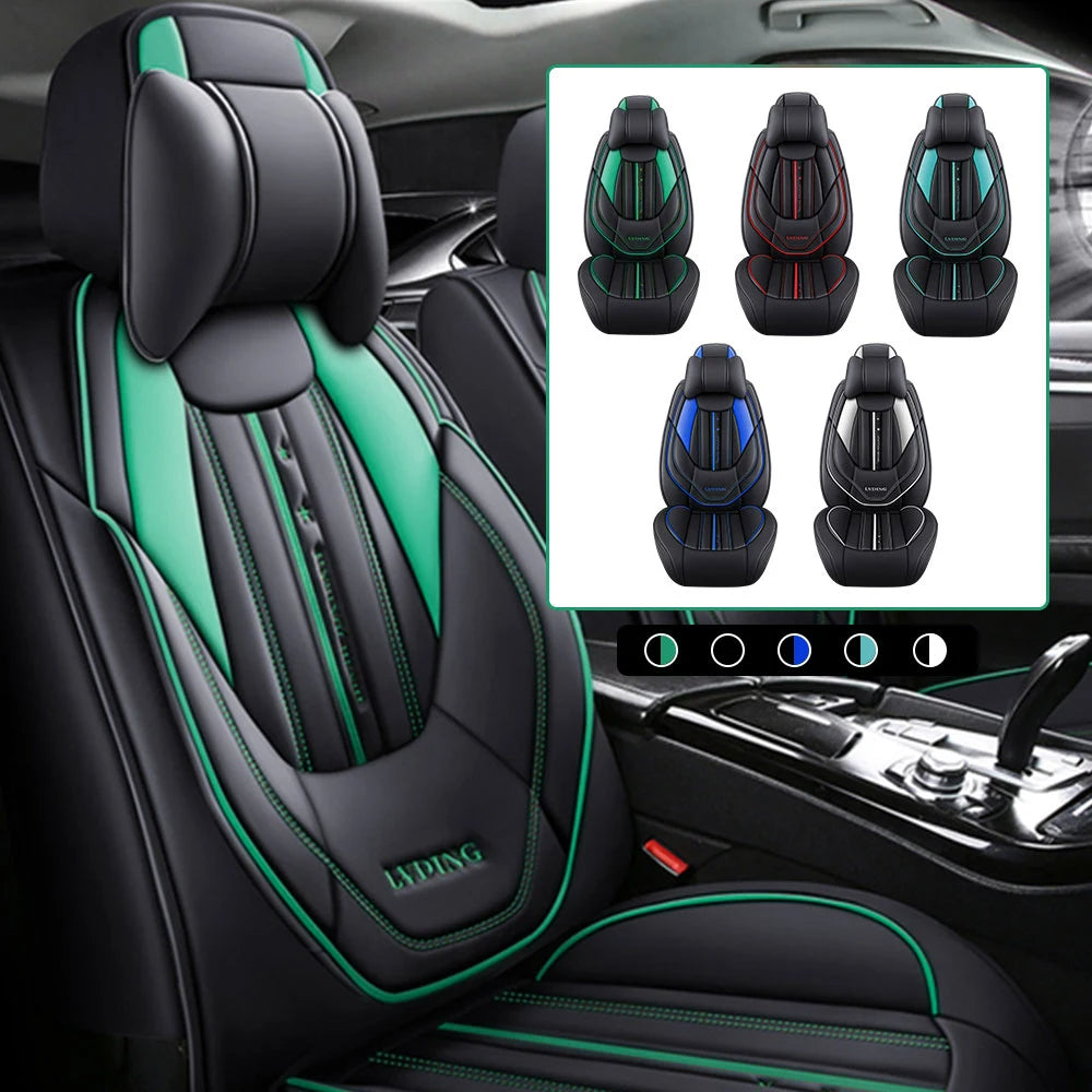 PU Leather Car Seat Covers for Front 2 Seats – Black & Green with Headrest and Lumbar Support for Hatchback & Pickup