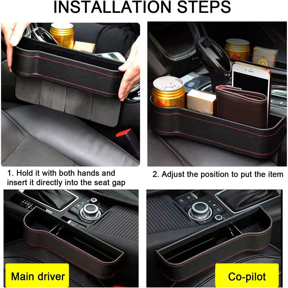 PU Leather Car Seat Gap Filler Storage Box – Large Capacity Auto Seat Crevice Organizer with Card Pocket - Delicate Leather  