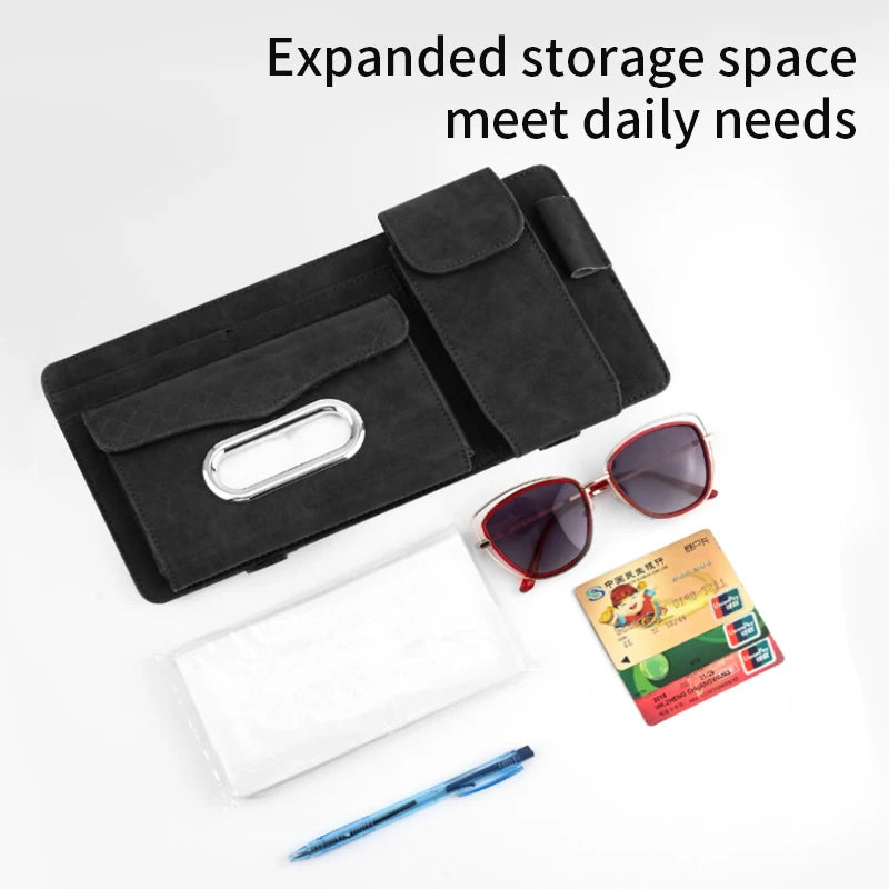 Suede Car Sun Visor Organizer – Glasses Case, Tissue Holder & Multi-Pocket Storage - Delicate Leather  