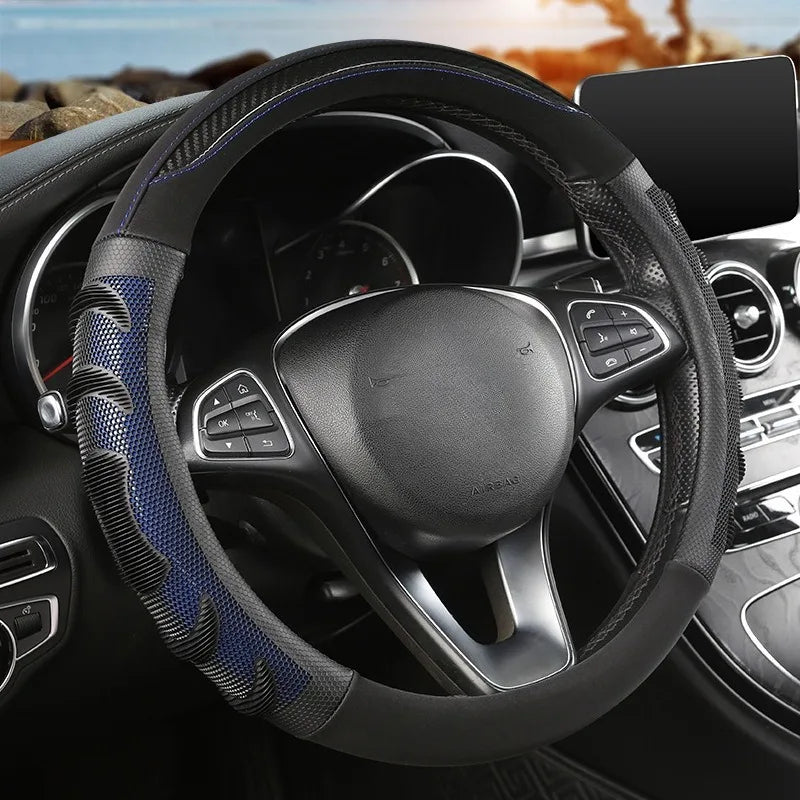 Carbon Fiber Leather Steering Wheel Cover – Silicone Honeycomb Grip, Universal Fit 37–38 cm - Delicate Leather  