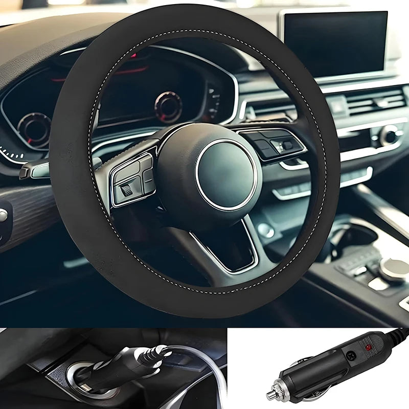 12V Heated Steering Wheel Cover – Fast Heating Plush Wheel Protector for Winter Driving - Delicate Leather  