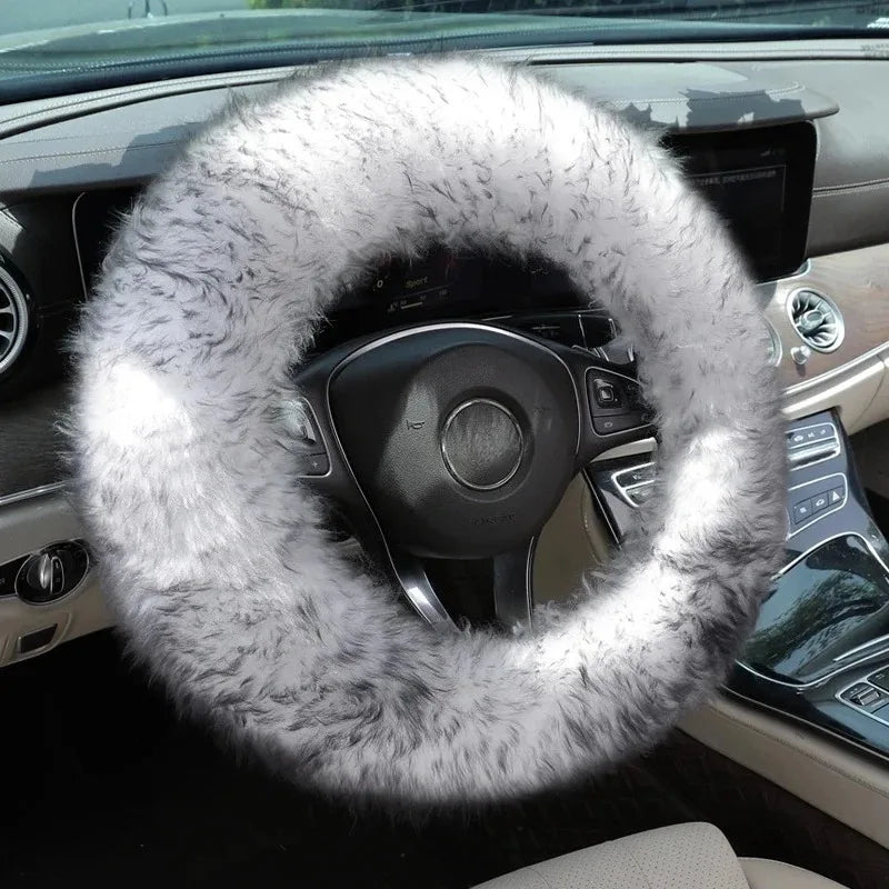 Winter Long Plush Wool Steering Wheel Cover – Soft Thick Warm Grip with Non-Slip Inner Ring, Universal O / D / Dual-D - Delicate Leather  