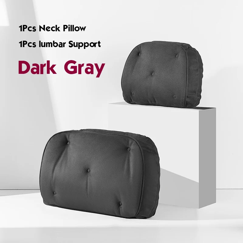 Memory Foam Car Neck Pillow & Lumbar Support Set – Breathable Seat Comfort Cushions - Delicate Leather  