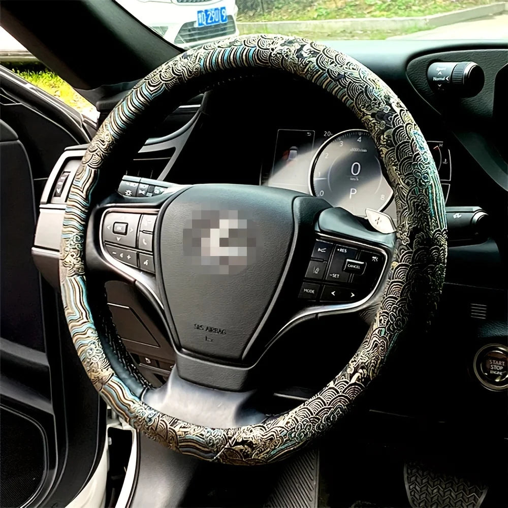 Brocade Embroidered Steering Wheel Cover – Retro Non-Slip All-Season Car Interior Accessory - Delicate Leather