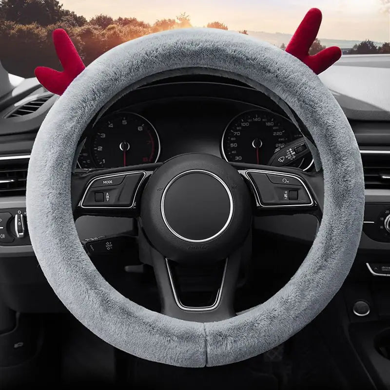 Warm Fluffy Winter Car Steering Wheel Cover – Full-Wrapped Anti-Slip Protector, Universal 38cm Christmas Gift Accessory - Delicate Leather  