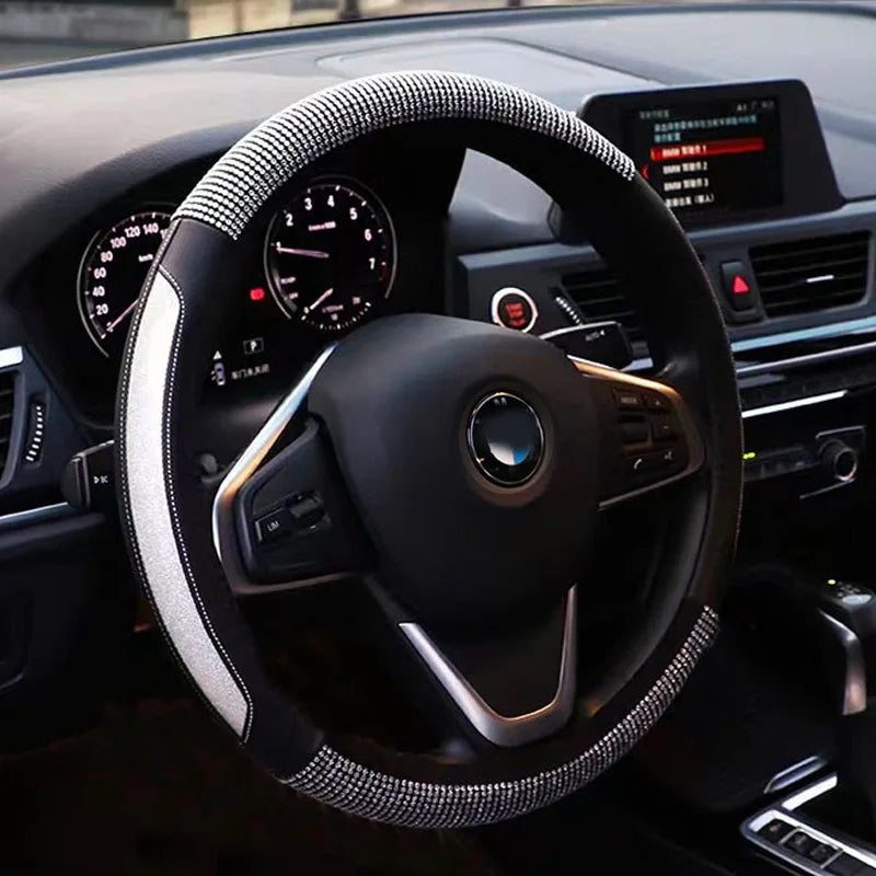 Diamond Style Steering Wheel Cover – Glitter Finish Split Leather Anti-Slip Grip Universal Interior Accessory - Delicate Leather  