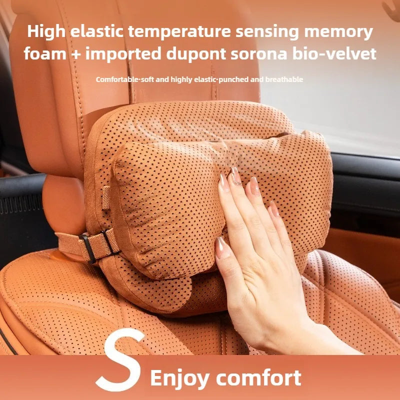 Suede Car Headrest Pillow & Lumbar Cushion – Luxury Nappa Leather Neck & Waist Pillow, Memory Foam Seat Accessories, Universal All Seasons - Delicate Leather  