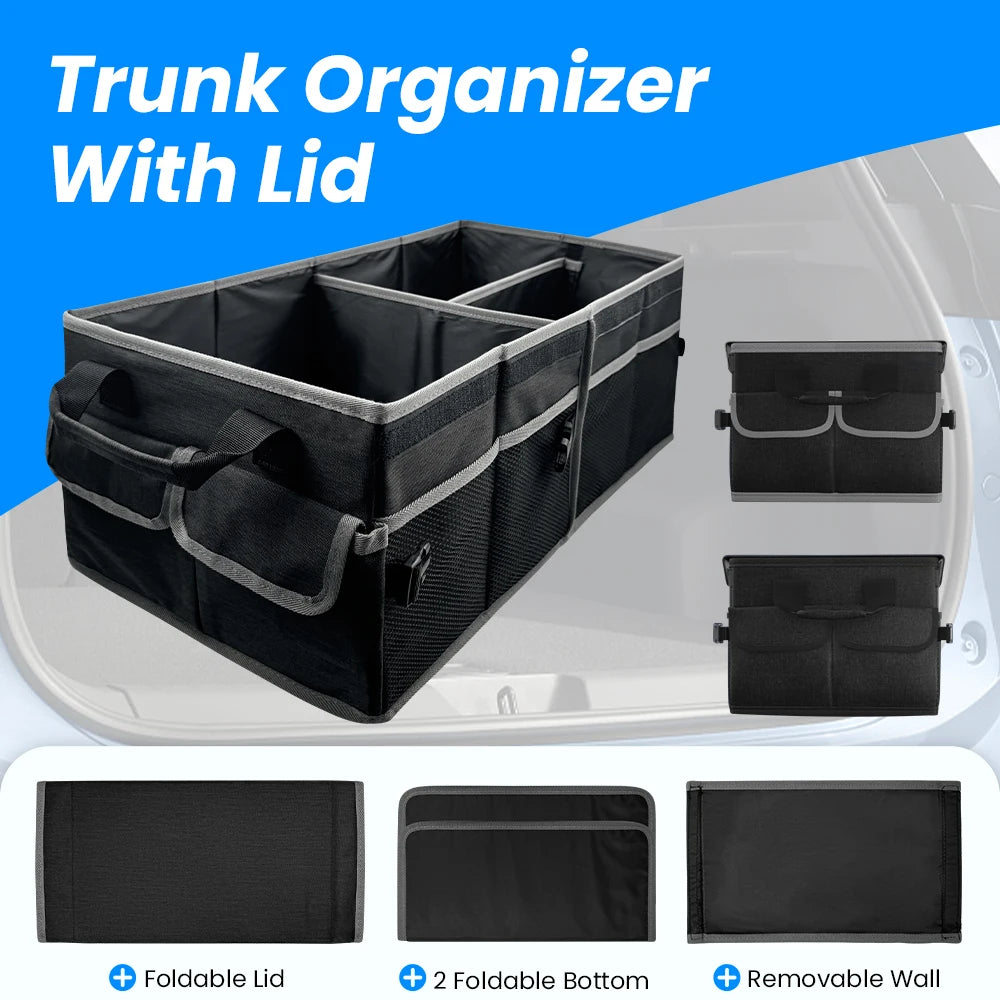 45L Foldable Car Trunk Organizer with Lid – Oxford Fabric Storage Box with Front & Side Pockets - Delicate Leather  