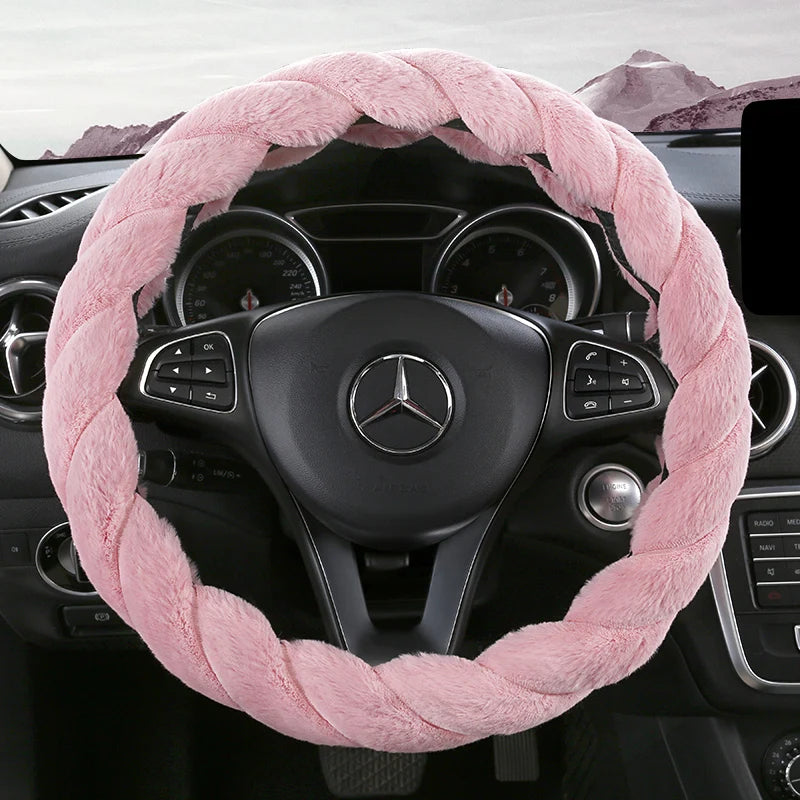 Plush Winter Steering Wheel Cover Universal – Cute Decorative Non-Slip Handle Cover for Car Interior - Delicate Leather  