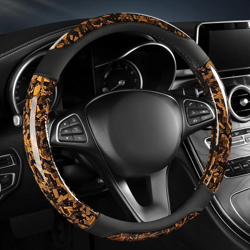 Crystal Carbon Fiber & Leather Steering Wheel Cover 15 Inch – Anti-Slip Rubber Grip, All-Season Universal Fit - Delicate Leather  