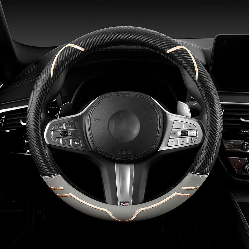 Carbon Fiber Style Leather Steering Wheel Cover – 38cm Anti-Slip Universal Fit - Delicate Leather  