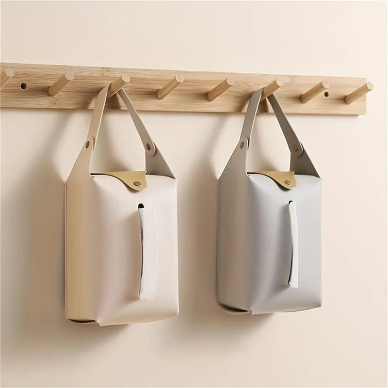 Leather Car Tissue Box Holder with Retaining Strap – Universal Armrest, Seat Back & Sun Visor Napkin Organizer - Delicate Leather  