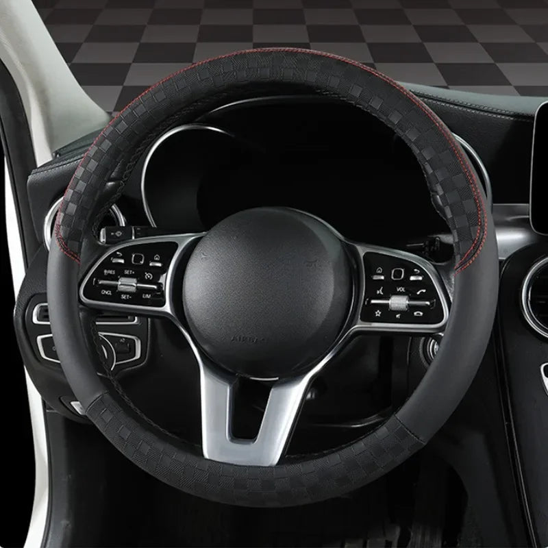 Microfiber Leather Steering Wheel Cover – 15-Inch Universal Fit, Anti-Slip Rubber Grip, Checkered Flag Design, All-Season Comfort - Delicate Leather  