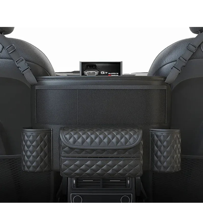 Leather Car Seat Middle Hanger Storage Bag – Luxury Between-Seat Handbag Holder with Tissue & Cup Pockets - Delicate Leather  