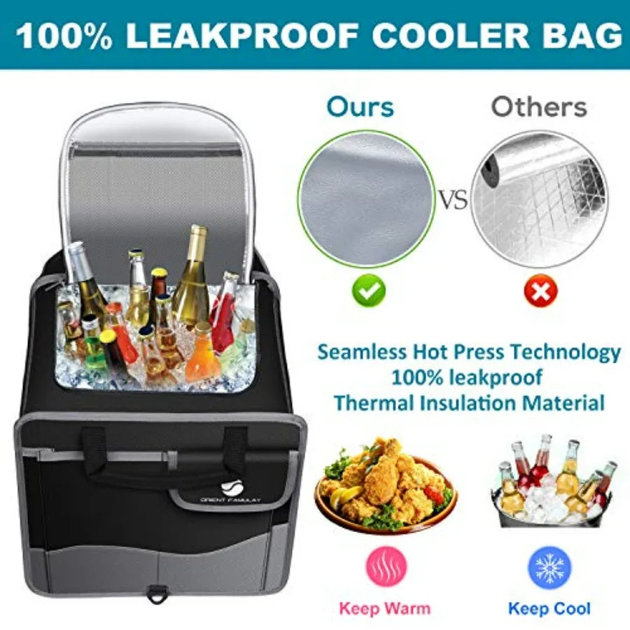 Collapsible Car Trunk Organizer with Cooler – Multi-Compartment Storage Box with Non-Slip Base - Delicate Leather  
