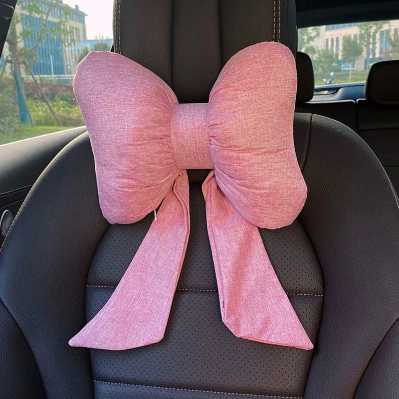 Adjustable Linen Car Headrest & Lumbar Support Pillow Set – Soft Bow Neck Cushion for Comfortable Travel and Driving Rest - Delicate Leather  