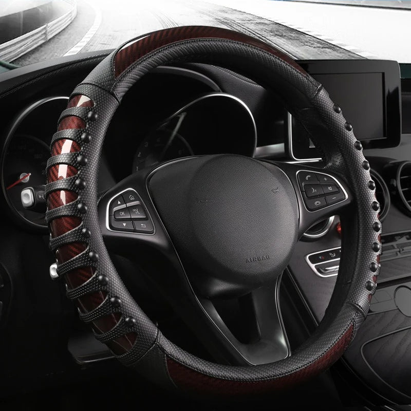Carbon Fiber Leather Steering Wheel Cover – Universal Non-Slip Grip, Breathable Interior Car Accessory for 14.5–15 Inch Wheels - Delicate Leather  