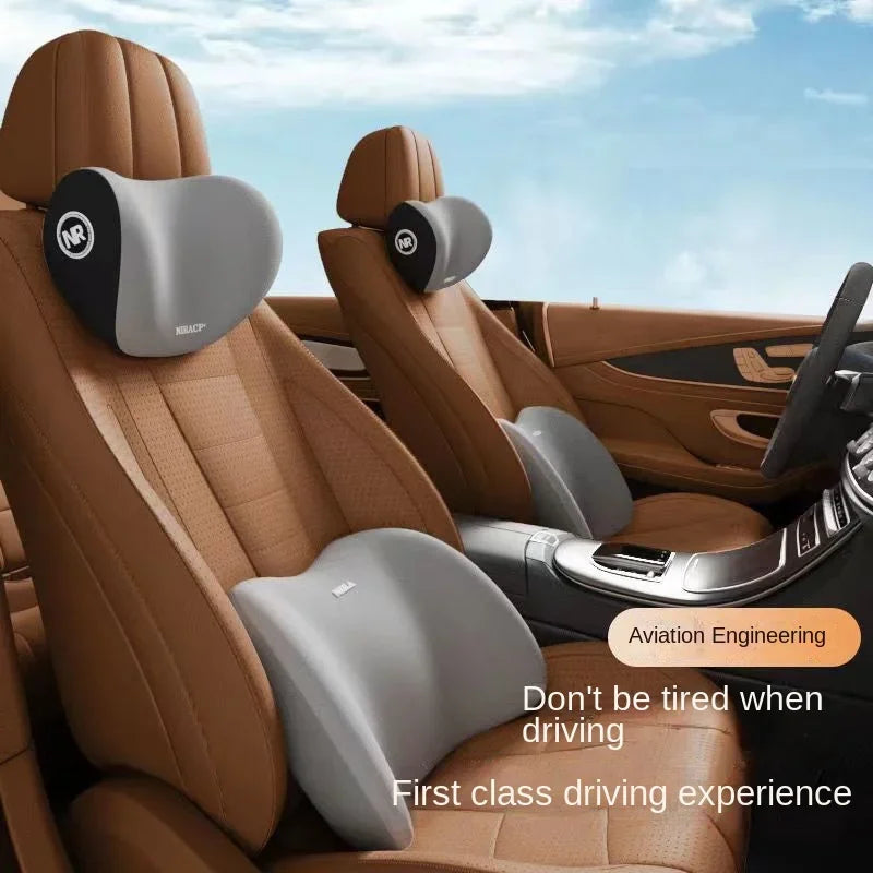 Universal Car Headrest Neck Support Pillow & Lumbar Cushion – Memory Foam Back Support, Four-Season Comfort for All Vehicles - Delicate Leather  